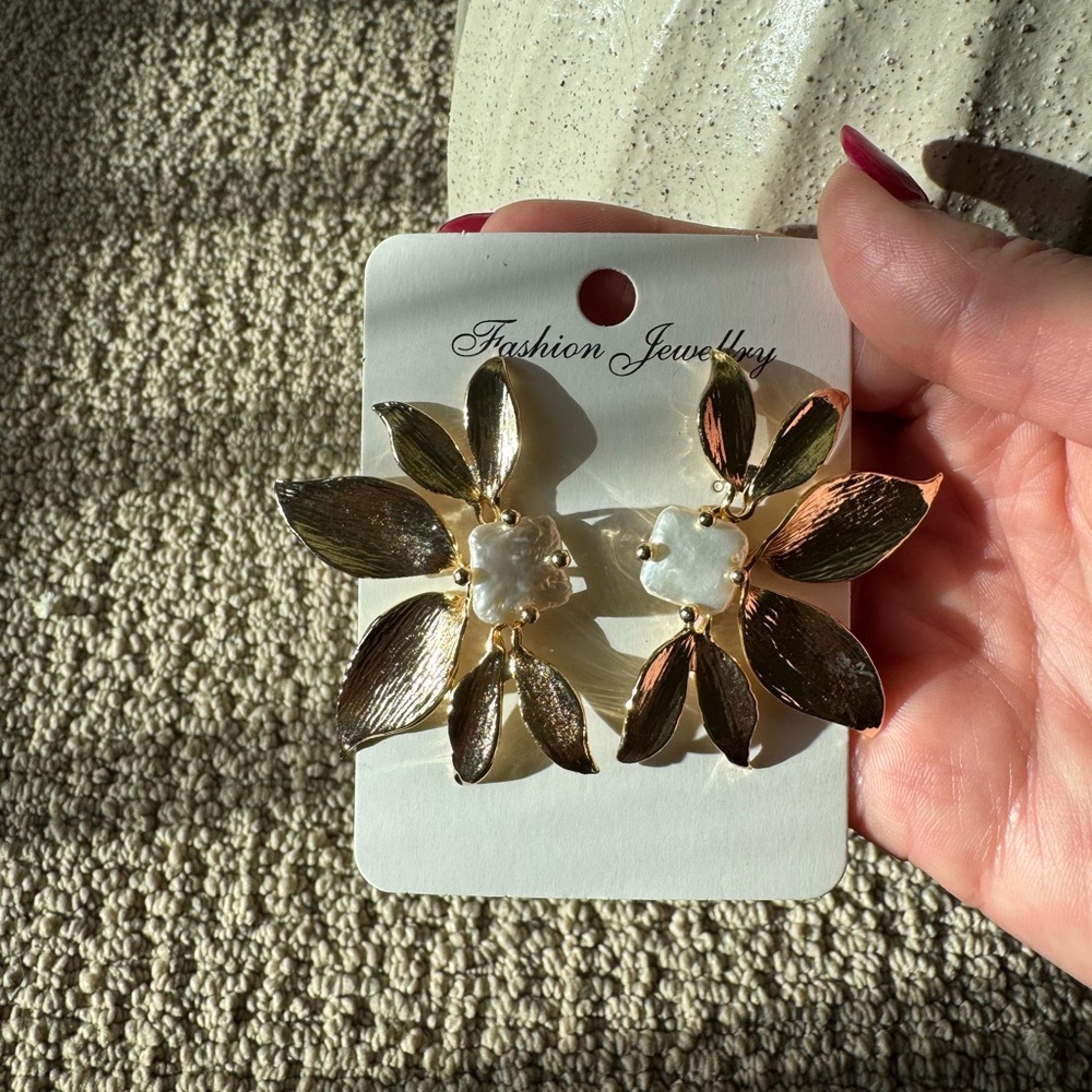 Gold and White Leaf Earrings